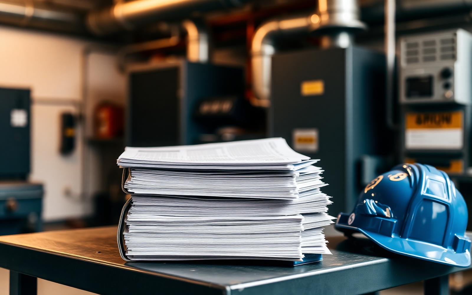 Fire code binders and inspection reports stacked in a building mechanical room